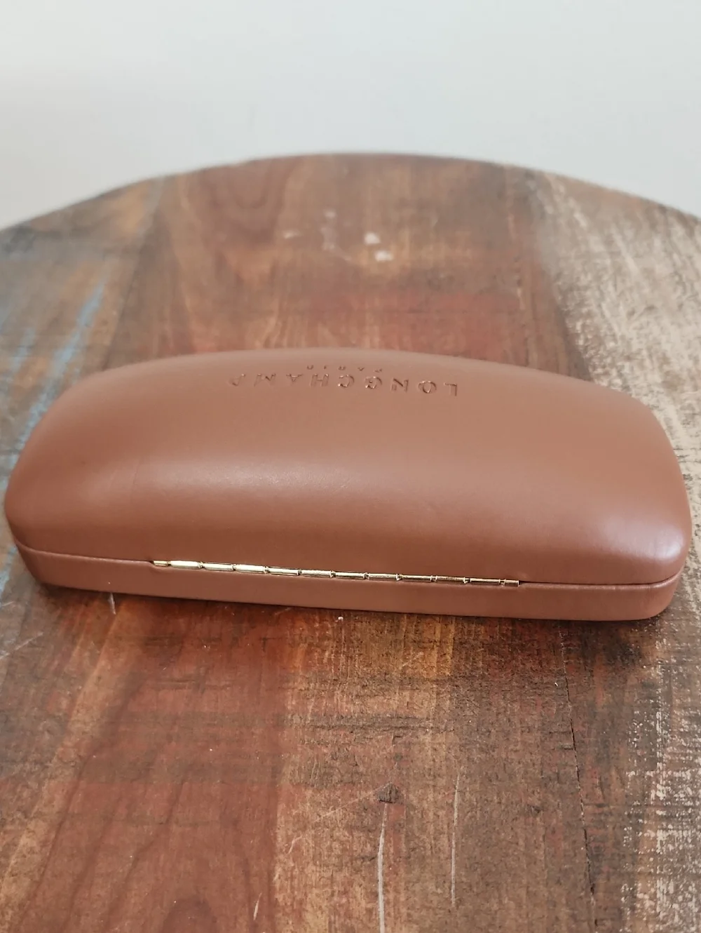 Longchamp Paris Tan Hard Sunglasses Eyeglasses Case Clamshell Embossed